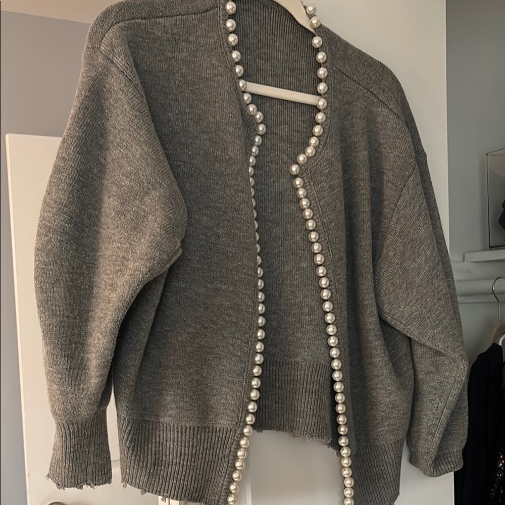 Gray Pearl-Trimmed Women's Sweater